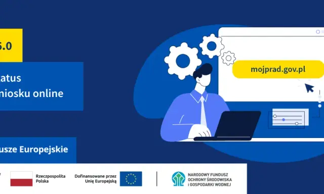 Osoba sprawdza status wniosku online na stronie mojprad.gov.pl. Program Mój Prąd 6.0.
