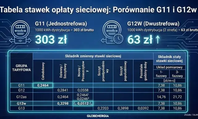 Porównanie taryfy G11 i G12w: G11 kosztuje 303 zł, G12w 63 zł za 1000 kWh. Tabela stawek sieciowych.