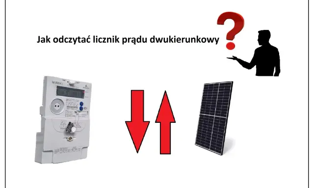 Jak odczytać licznik prądu dwukierunkowy? Obraz przedstawia licznik energii elektrycznej, panel fotowoltaiczny i symbolizujące przepływ strzałki.