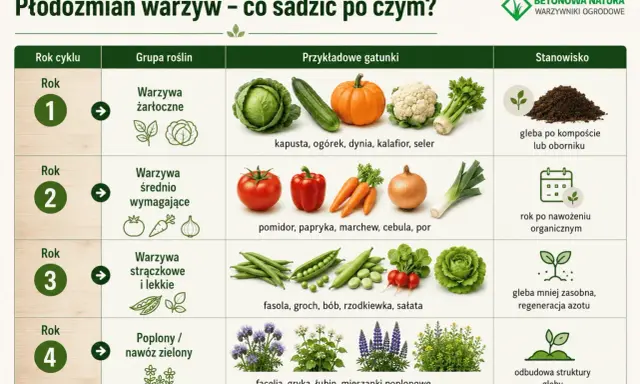 Tabela płodozmianu warzyw: rok 1 - warzywa żarłoczne (kapusta, dynia), rok 2 - średnio wymagające (pomidor, marchew), rok 3 - strączkowe (fasola, groch), rok 4 - poplony.