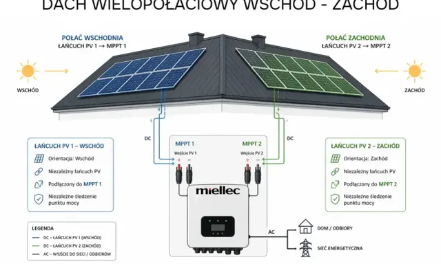 Schemat łączenia paneli fotowoltaicznych na dachu dwuspadowym. Panele po wschodniej stronie podłączone do MPPT 1, a po zachodniej do MPPT 2.